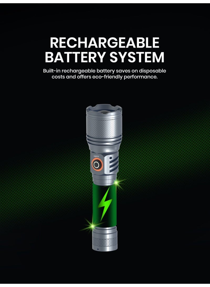 أوجيرا كشاف LED قابل لإعادة الشحن | كشاف تكتيكي عالي السطوع | بطاريتان AA قابلة لإعادة الشحن | صغير ومتين | مقاوم للماء | كشاف طوارئ للتخييم والمشي والاستخدام اليومي | ضمان سنتين | OG1006SL | فضي - Image 2